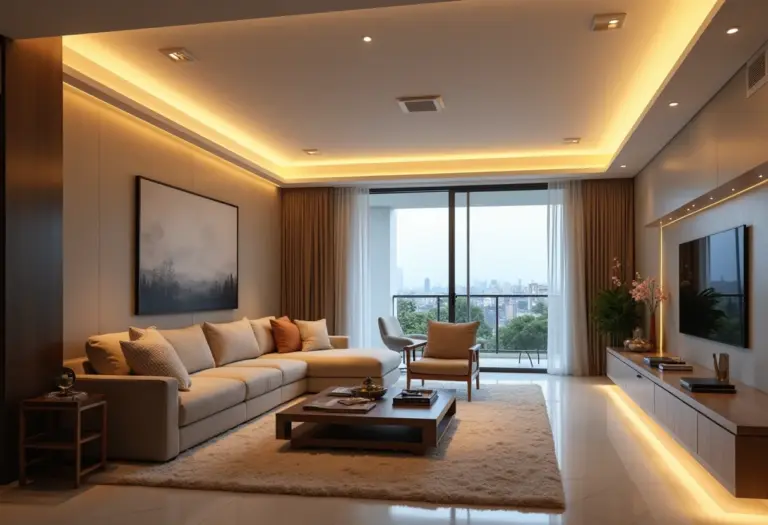 Sala de estar moderna com teto de gesso e iluminação LED integrada