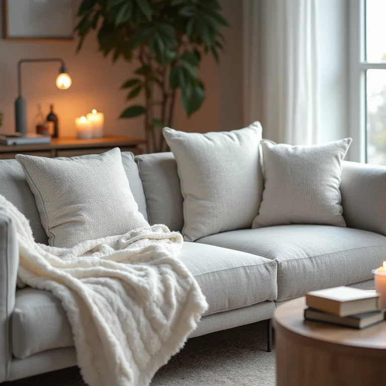 Sala de estar sofisticada com sofá cor gelo, mantas de tricô e iluminação aconchegante