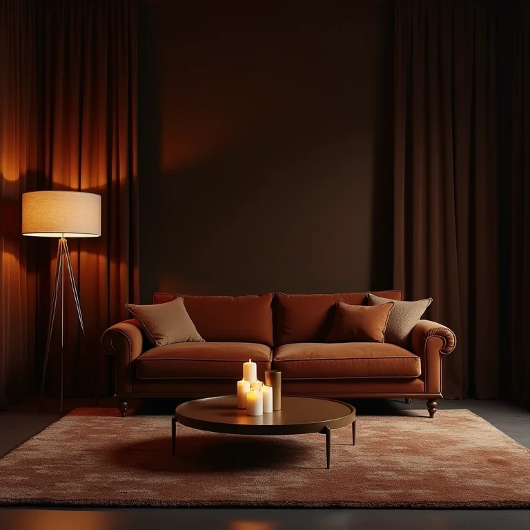 Sala de estar sofisticada com tapete marrom escuro