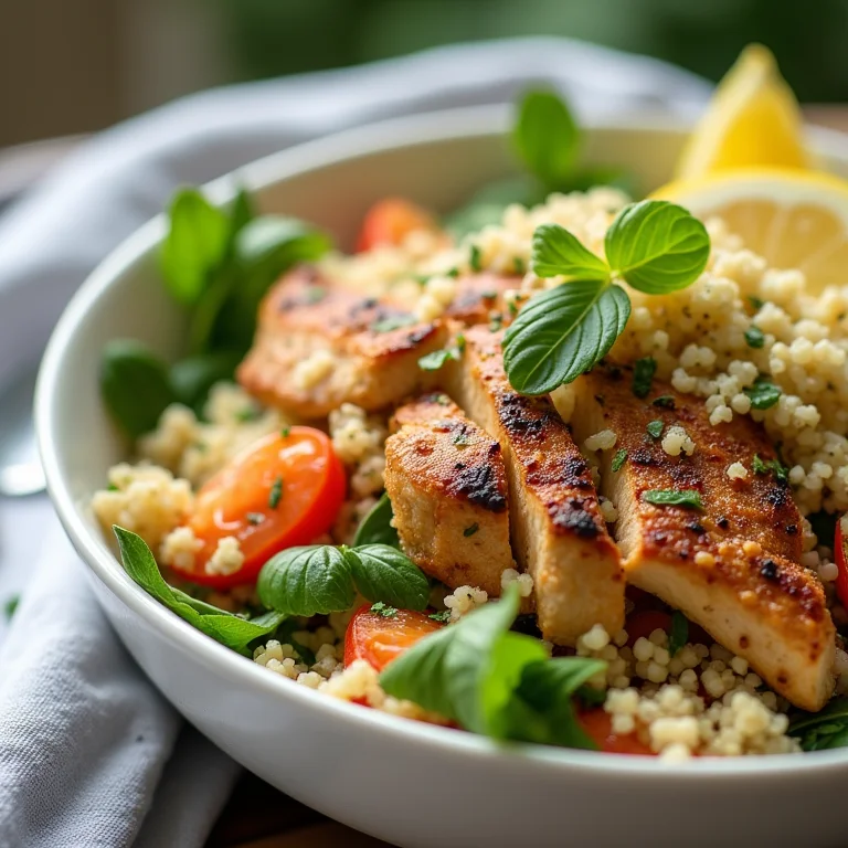 Salada de quinoa com frango grelhado em um bowl branco.