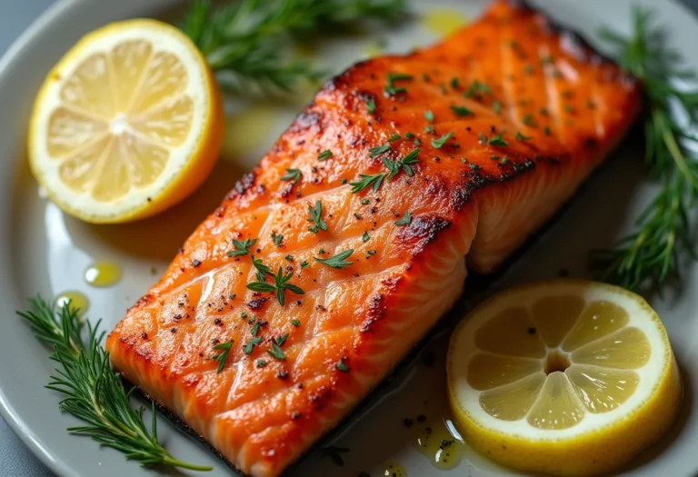 Salmão grelhado com ervas frescas e limão