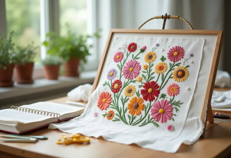 Sampler bordado em ponto cruz com motivos florais coloridos