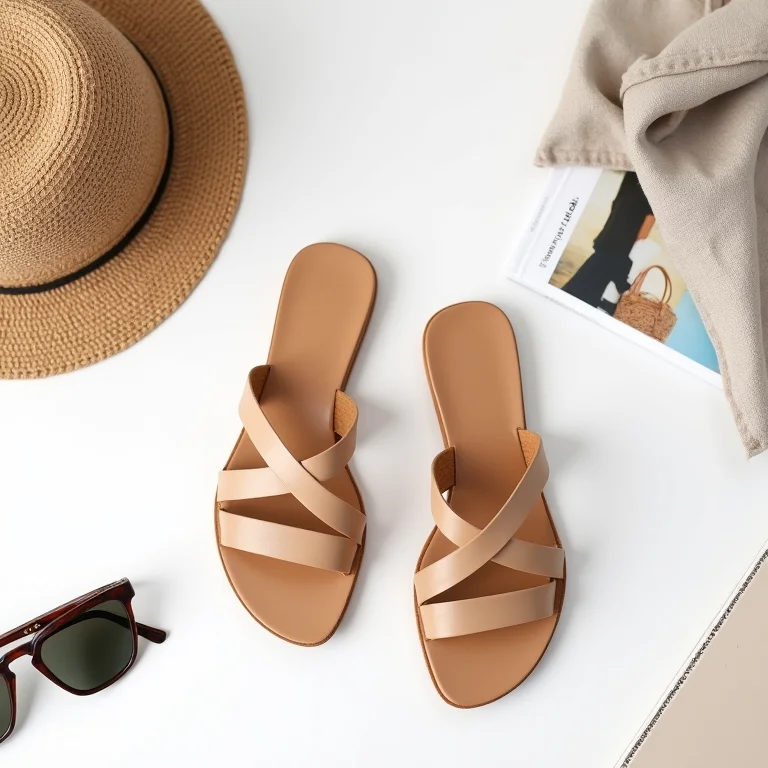 Sandálias rasteirinhas bege, acessórios de verão, look minimalista