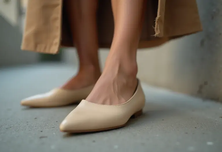 Sapatilha de bico fino bege, look minimalista e elegante