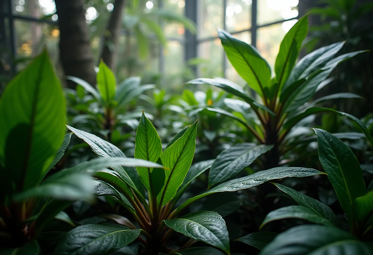 Jardim de inverno amazônico: plantas exóticas que amam o frio Seleção de plantas tropicais exuberantes crescendo em um jardim de inverno, criando um oásis verde.