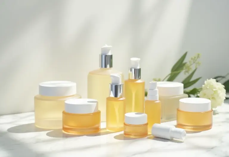 Seleção de produtos de skincare coreana, incluindo óleo de limpeza, em fundo de mármore branco