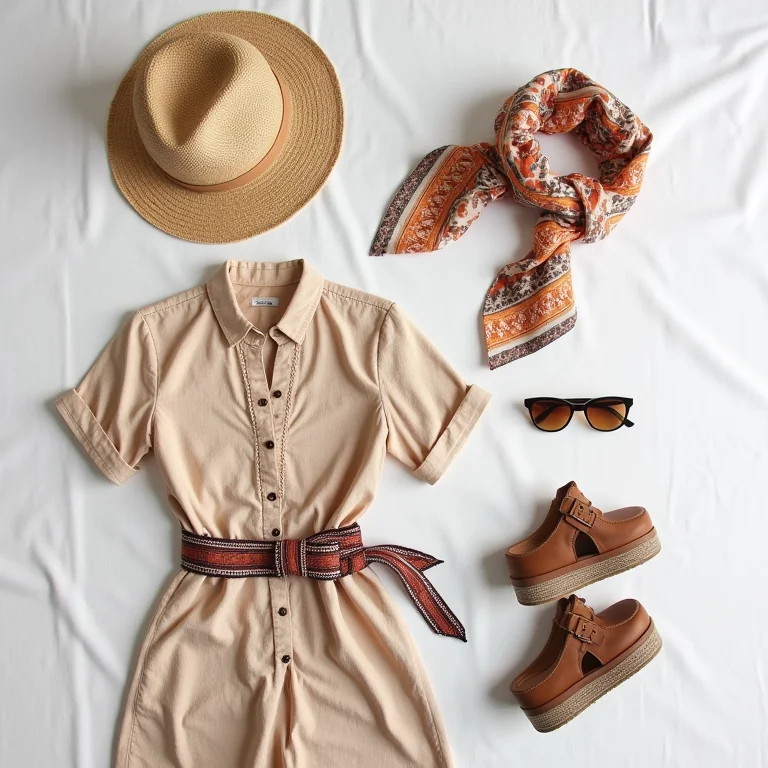 Seleção de roupas com estampas étnicas dispostas em um fundo de linho branco