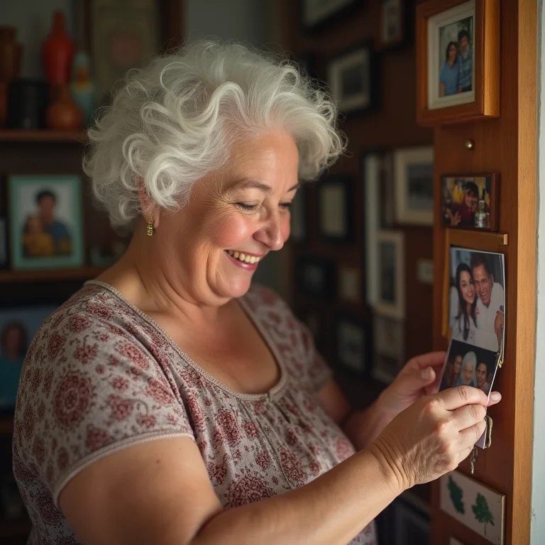 Senhora adicionando foto da família em um porta chaves personalizado.