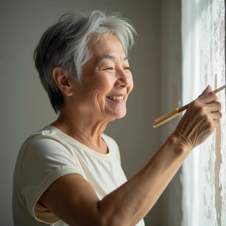 Senhora aplicando gesso na parede para criar textura