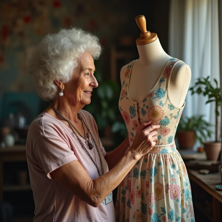 Senhora aplicando patches coloridos em vestido vintage.