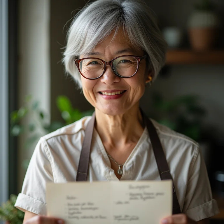 Senhora asiática-brasileira compartilhando receita.
