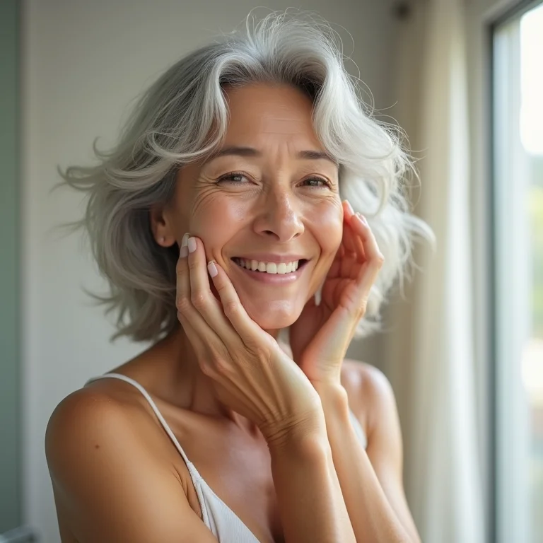 Senhora asiático-brasileira aplicando body splash após o banho