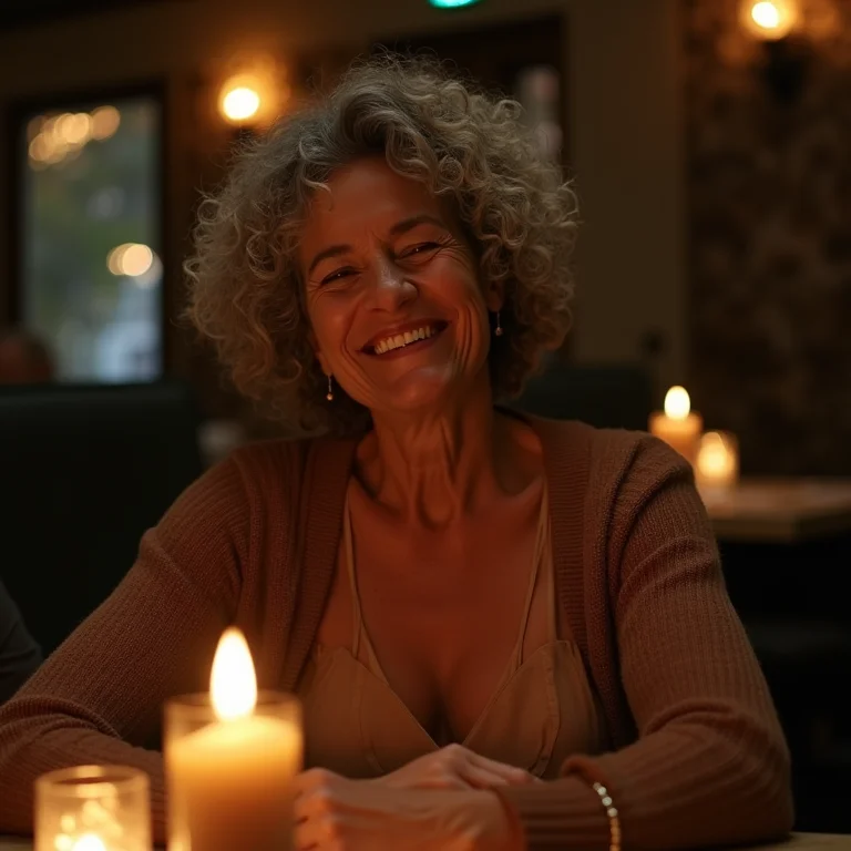 Senhora branca elegante em jantar romântico à luz de velas na serra