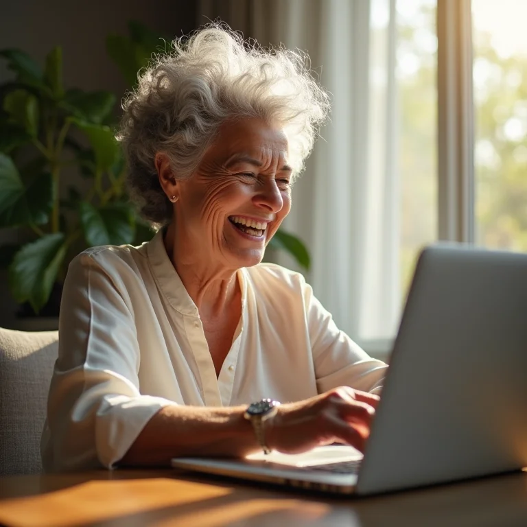 Senhora brasileira rindo durante chamada de vídeo