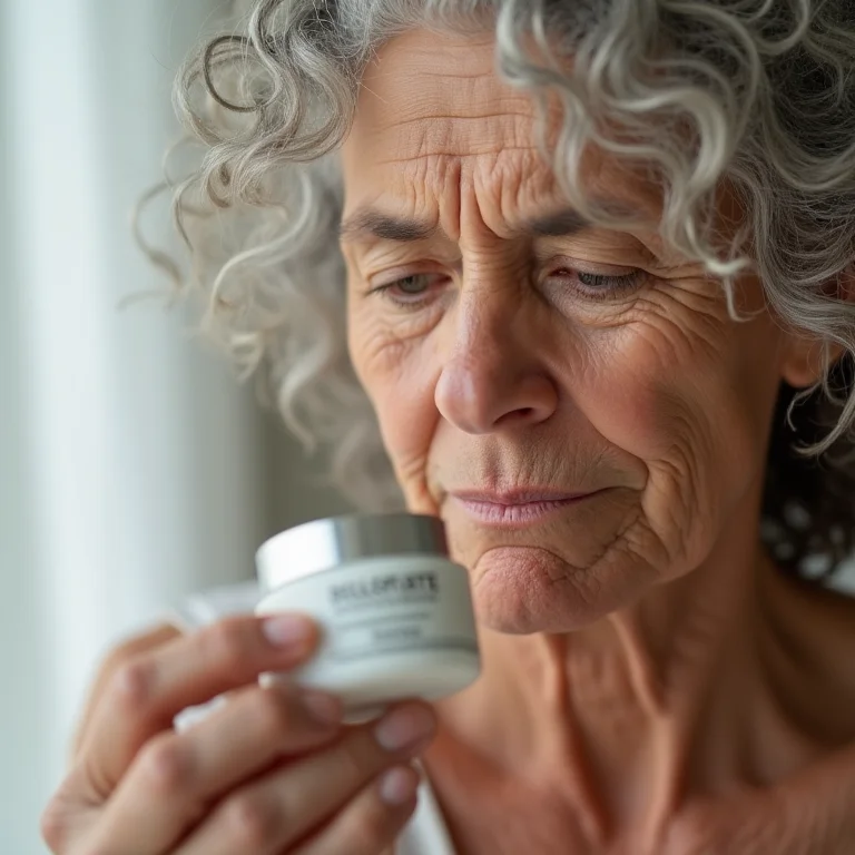 Senhora lendo rótulo de produto com alta concentração de ingredientes.