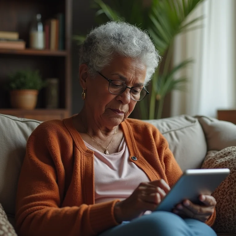 Senhora negra pesquisando sobre nutricionista online.