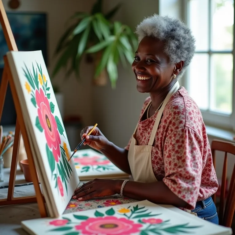 Senhora negra pintando ecobag com tinta para tecido