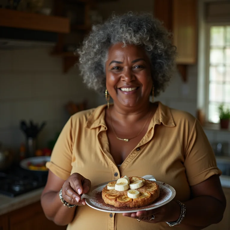 Senhora negra plus-size preparando tapioca de banana com canela.