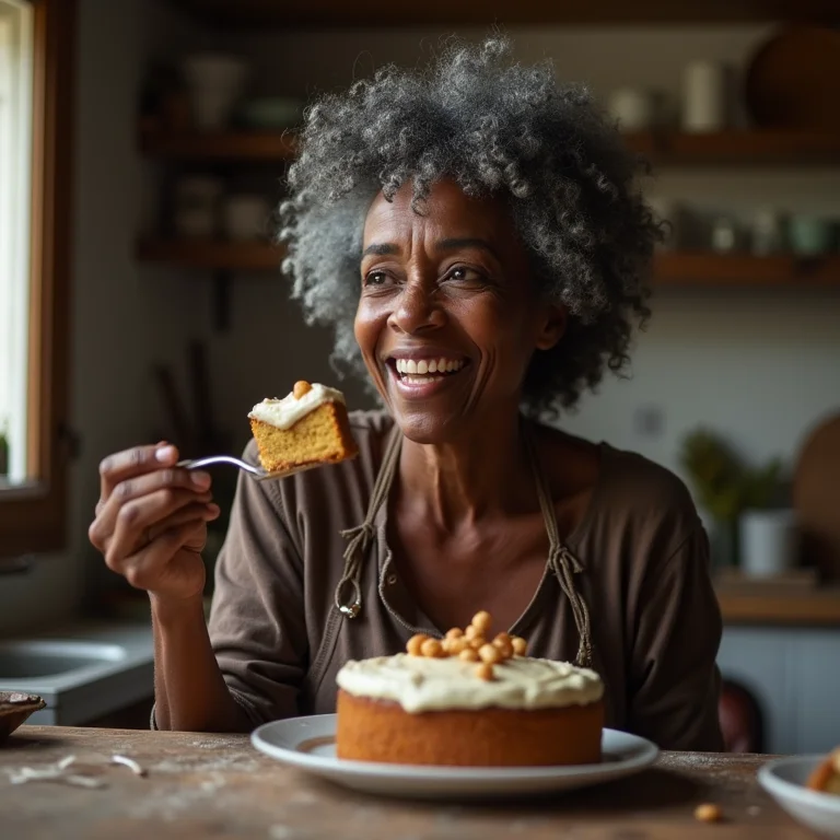 Senhora negra saboreando bolo de guabiroba