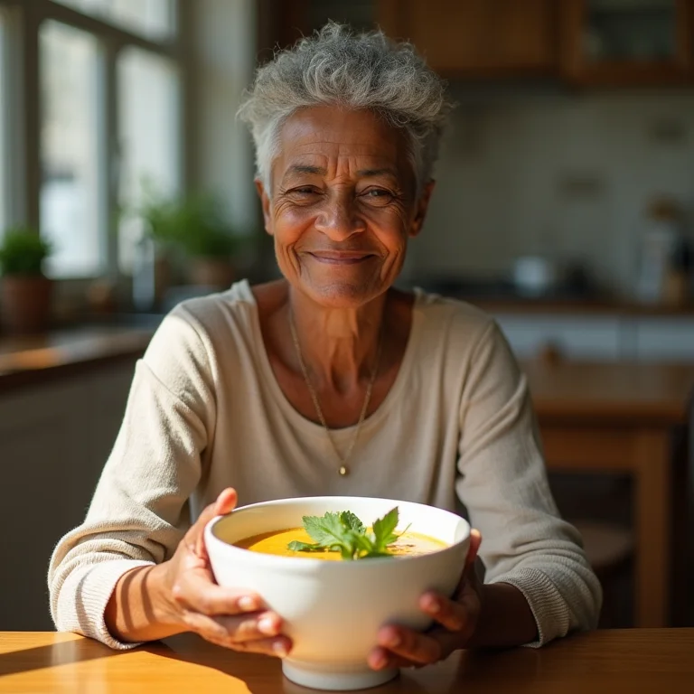 Senhora negra saboreando sopa de galinha reconfortante.