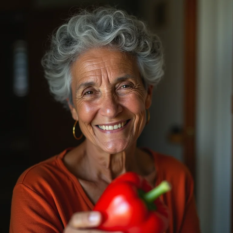 Senhora negra segurando um pimentão vermelho.