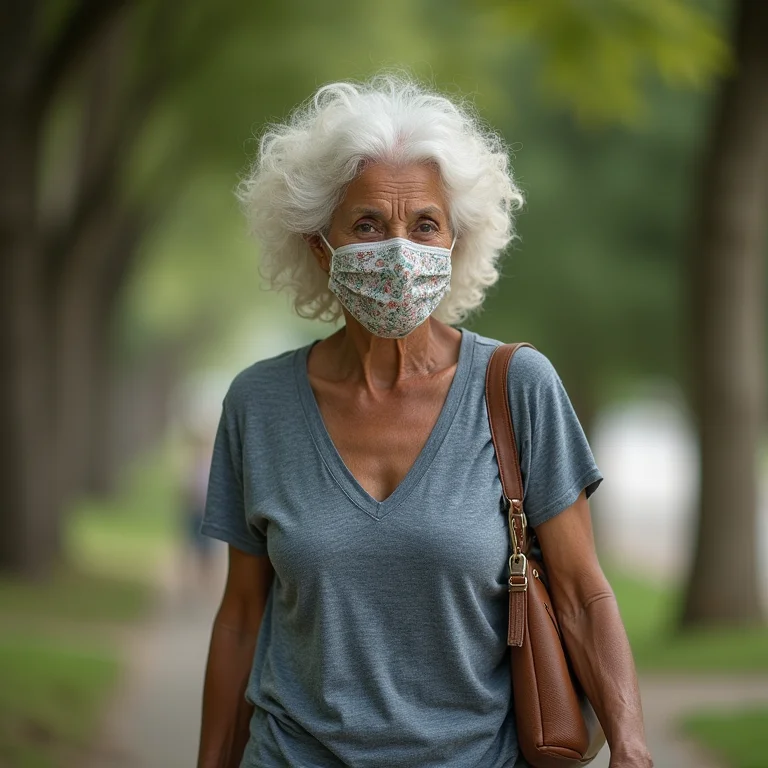 Senhora negra usando máscara facial adulta em parque.