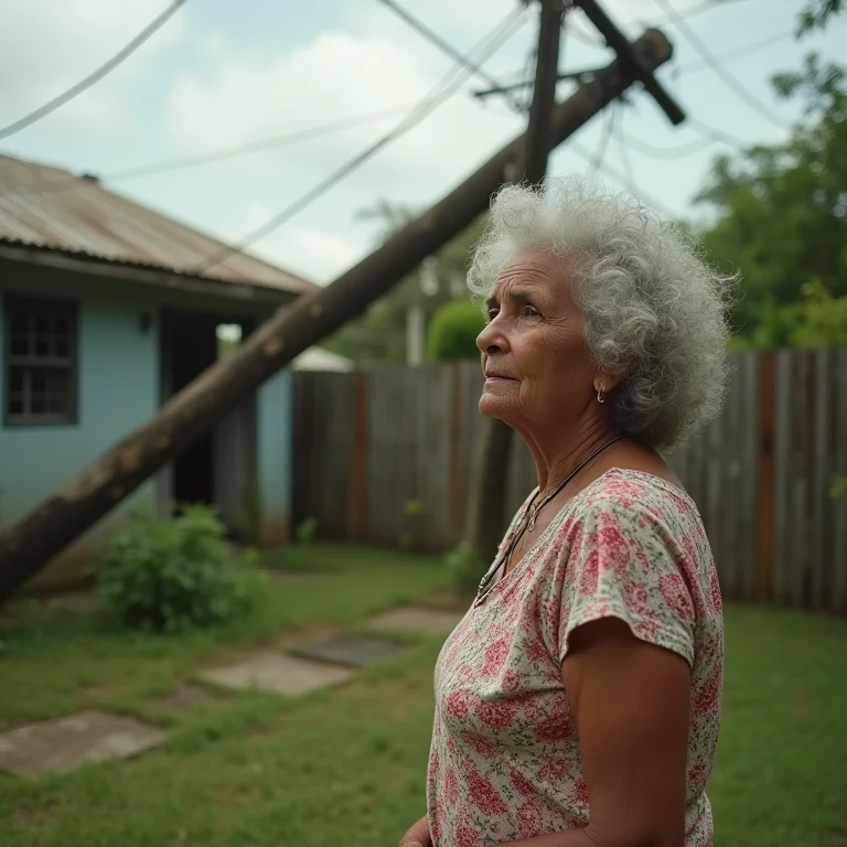 Senhora preocupada perto de poste de luz caído.