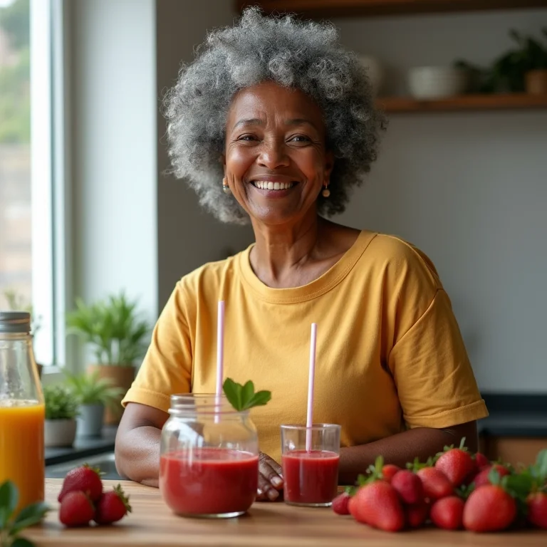 Senhora preparando smoothie de morango