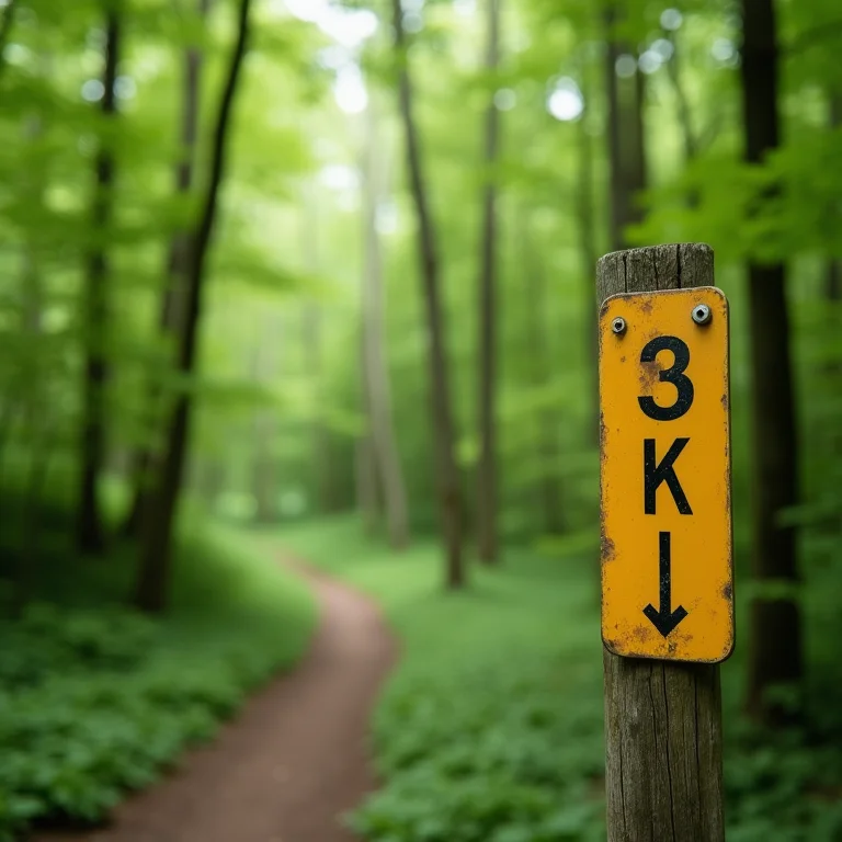 Sinalização bem conservada em trilha na mata