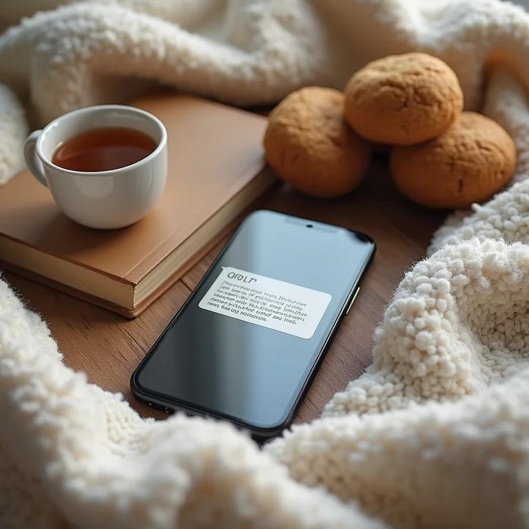 Smartphone com notificação de grupo de bate-papo, cercado por objetos aconchegantes.