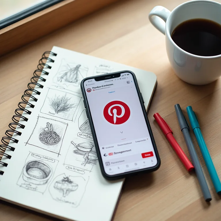 Smartphone com Pinterest, caderno de rascunhos e canetas coloridas