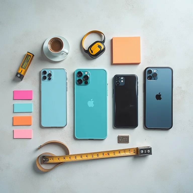 Smartphones, acessórios de medição e organização para planejamento de vídeos.