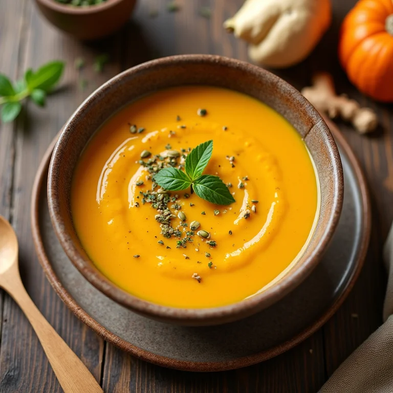 Sopa cremosa de abóbora com gengibre em estilo flat lay