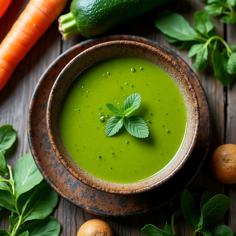 Sopa de legumes detox em uma tigela rústica com ingredientes frescos ao redor.
