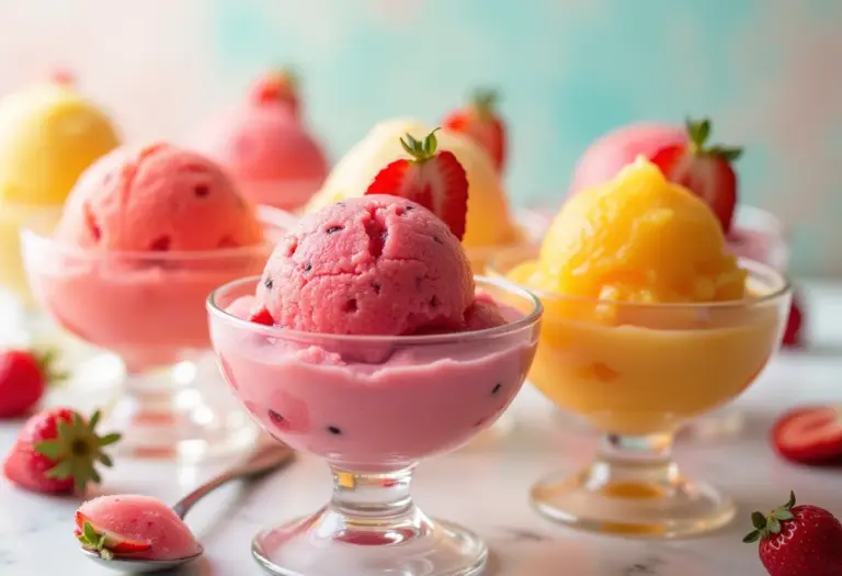 Sorbet de frutas caseiro colorido em bowls de vidro