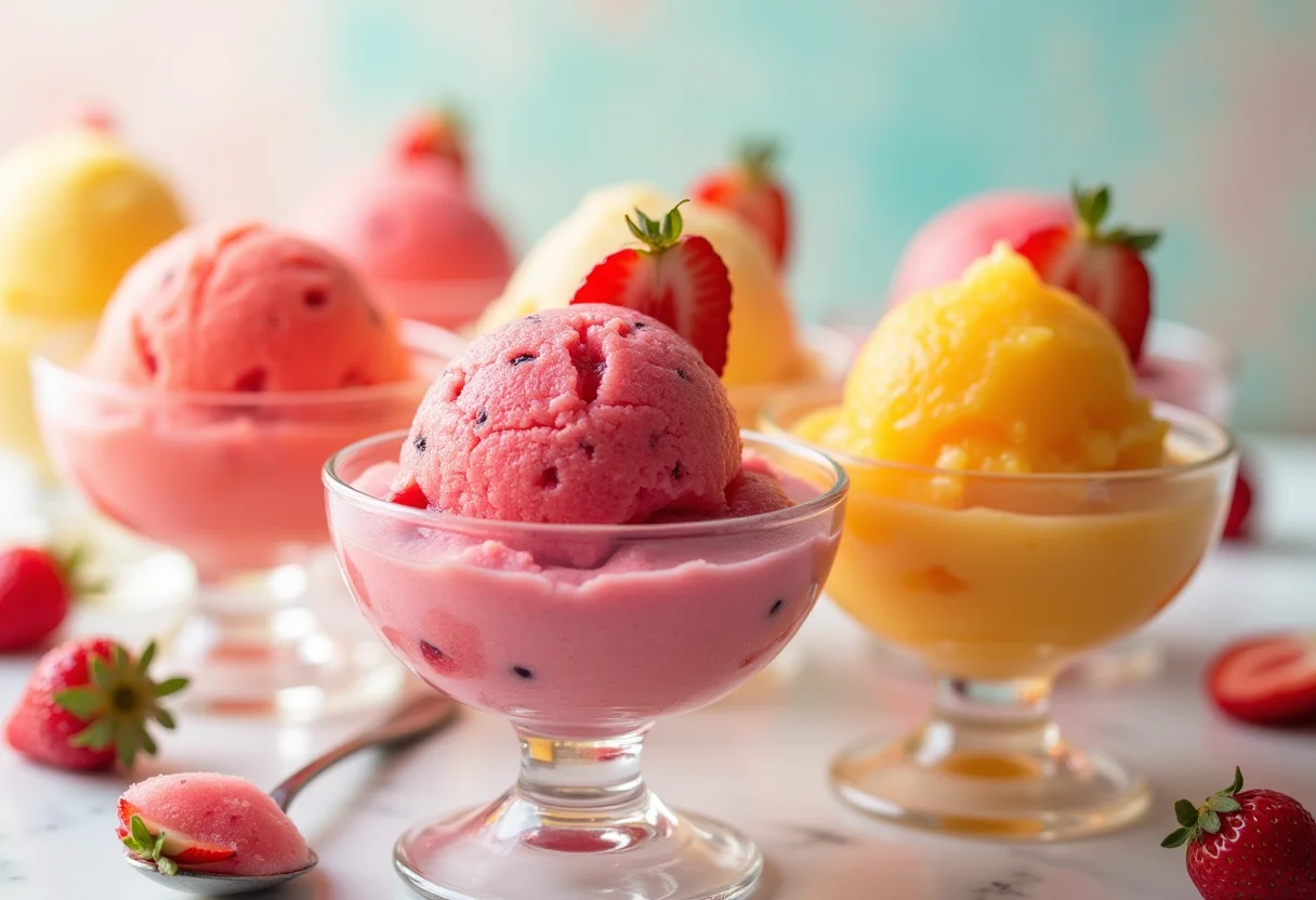 Sorbet de frutas perfeito: segredo de chef para um verão inesquecível Sorbet de frutas caseiro colorido em bowls de vidro