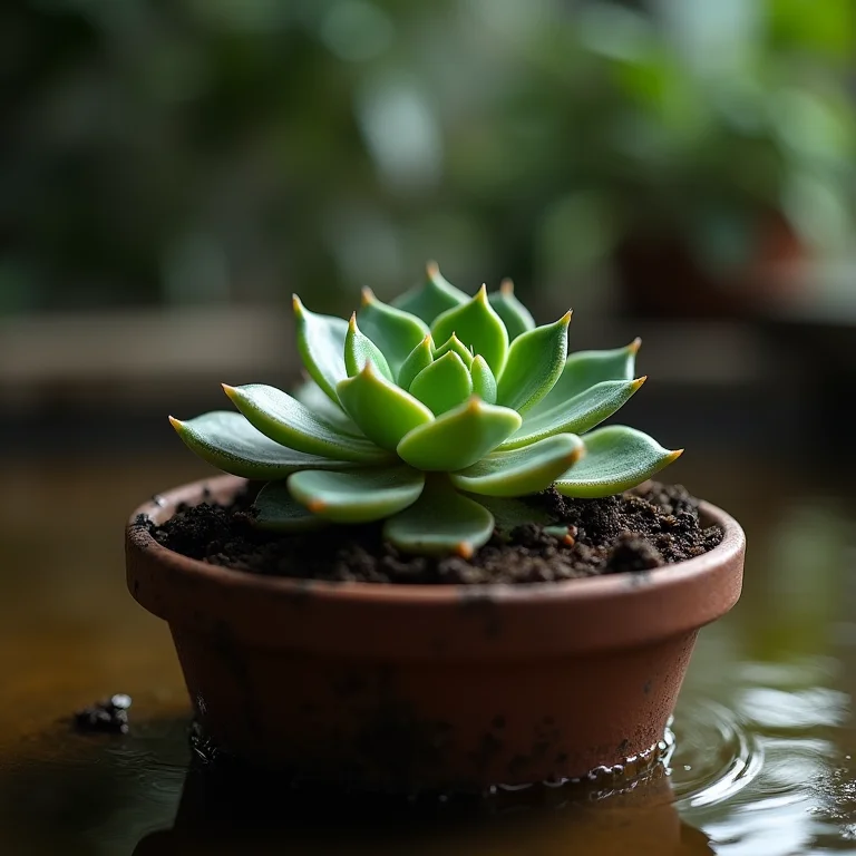 Suculenta em vaso sem drenagem com água parada.