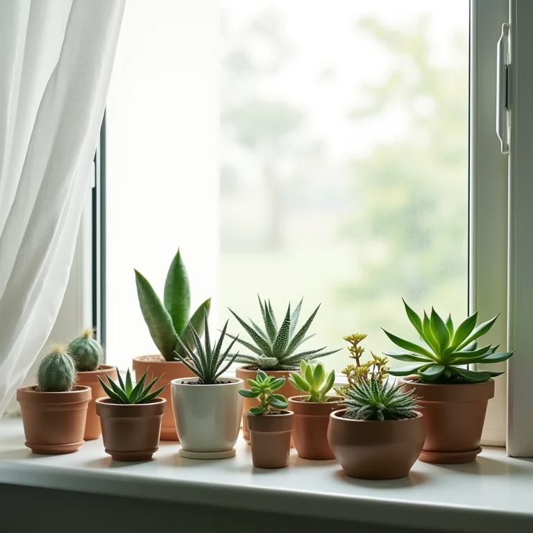 Suculentas recebendo luz solar indireta através de cortina