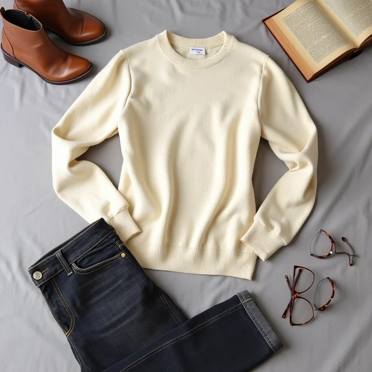 Suéter de cashmere creme, jeans de lavagem escura e botas de couro marrom dispostos em um flat lay