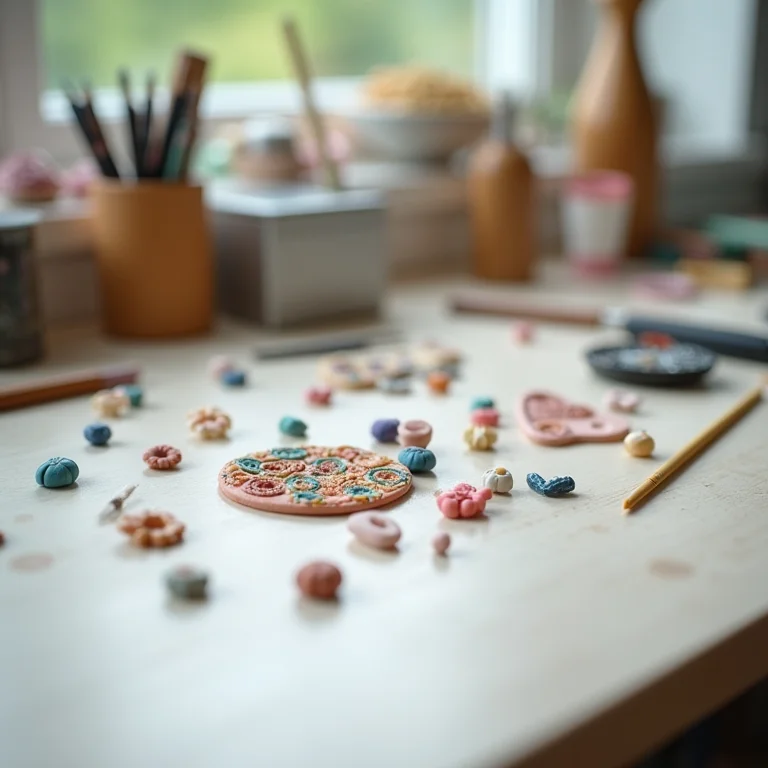 Superfície de trabalho organizada para modelagem de cerâmica plástica.