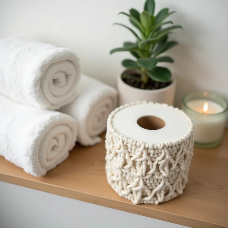 Suporte de papel higiênico de macramê em prateleira de banheiro boho