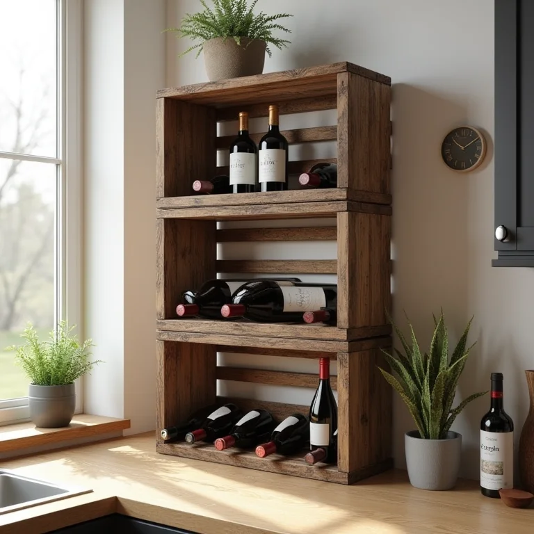 Suporte de vinho rústico feito com caixotes de feira