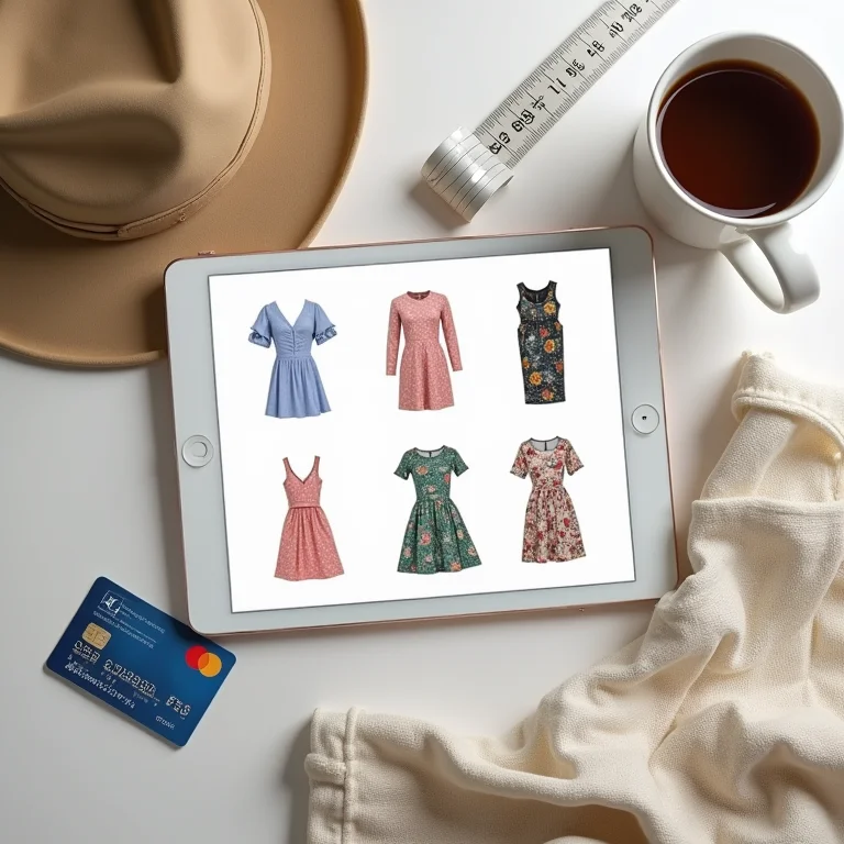 Tablet mostrando loja online com roupas cottagecore, cercado de acessórios de compra