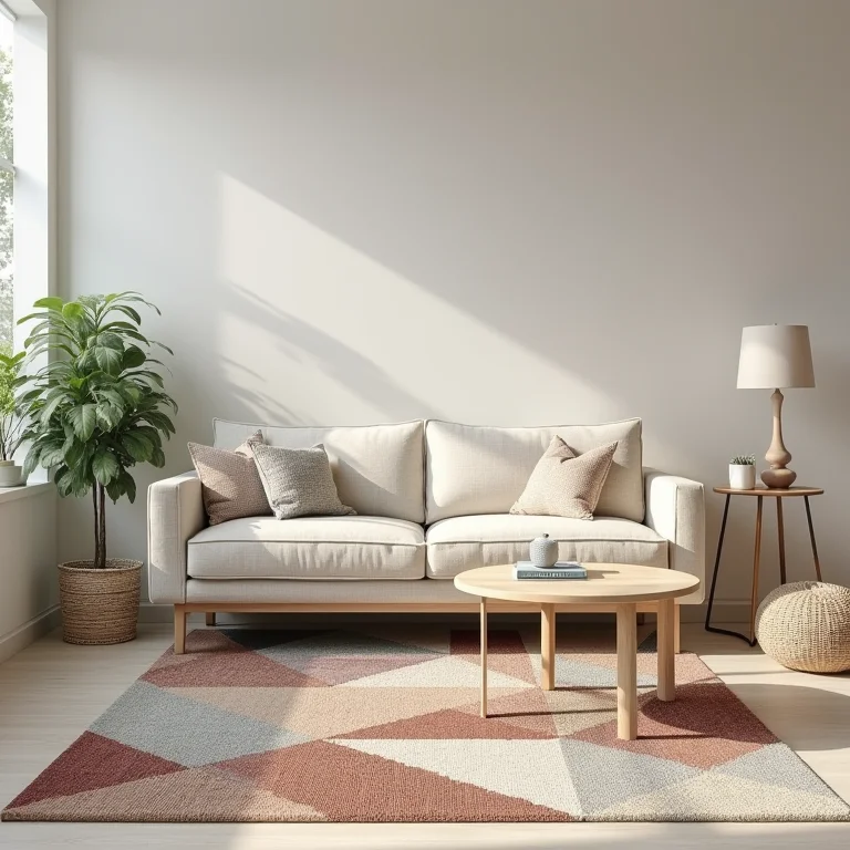 Tapete delimitando espaço de estar com sofá em sala pequena