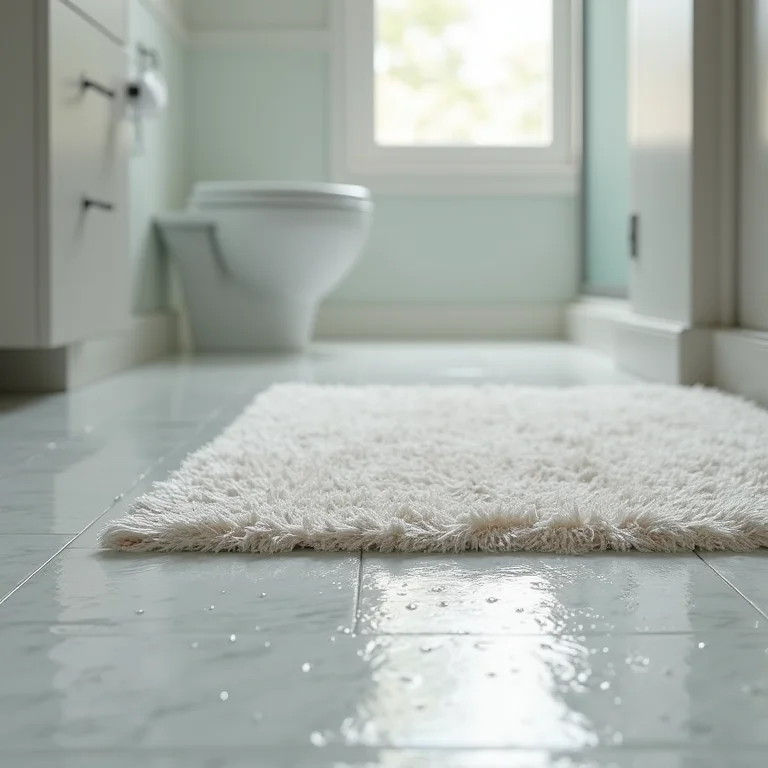 Tapete escorregando no piso do banheiro, representando falta de antiderrapante.