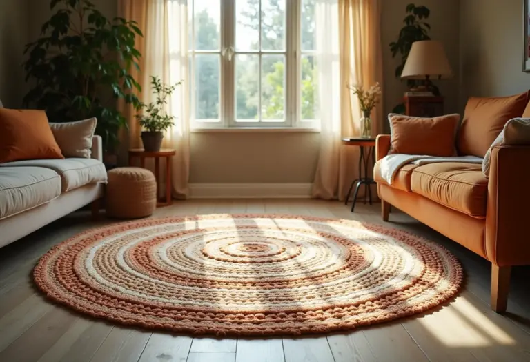 Tapete redondo de crochê em sala de estar aconchegante