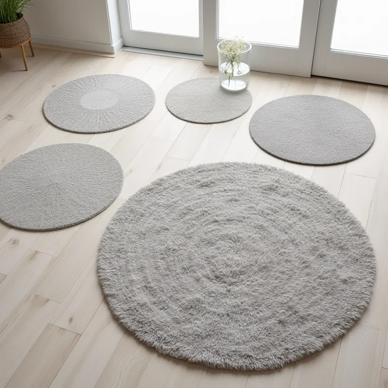 Tapetes cinzas com diferentes texturas (lã, felpudo, sisal) dispostos em flat lay