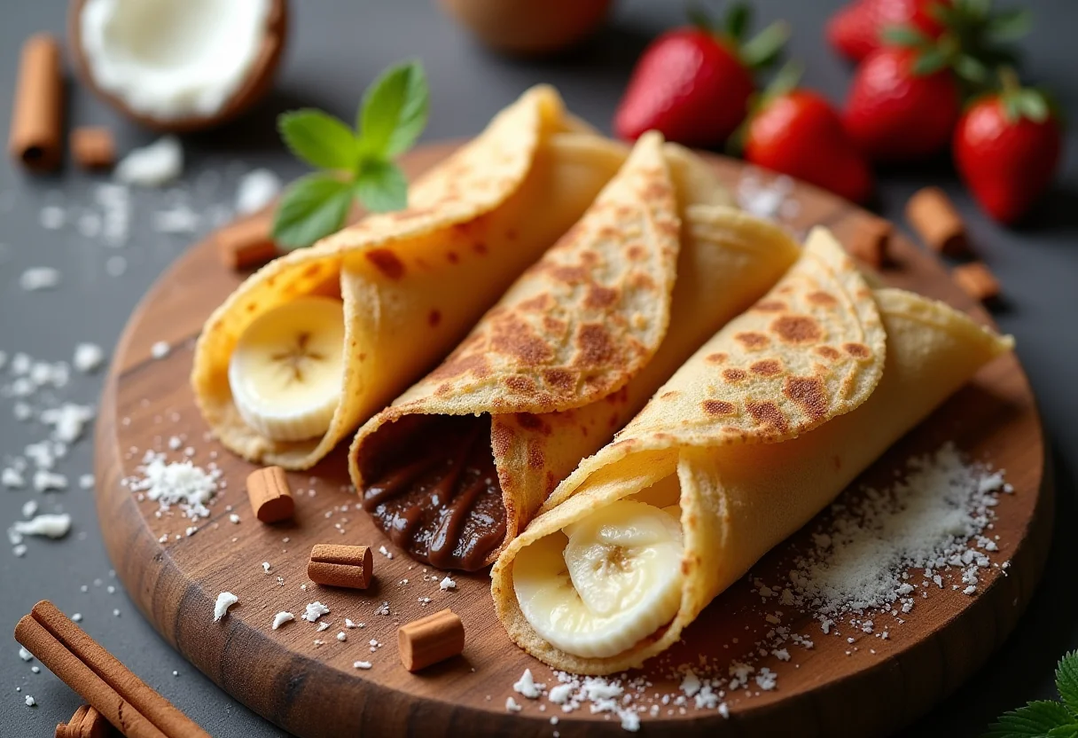 Tapioca Doce perfeita: Segredos e truques de chef para você Tapioca doce com diversos recheios em cima de tábua de madeira.