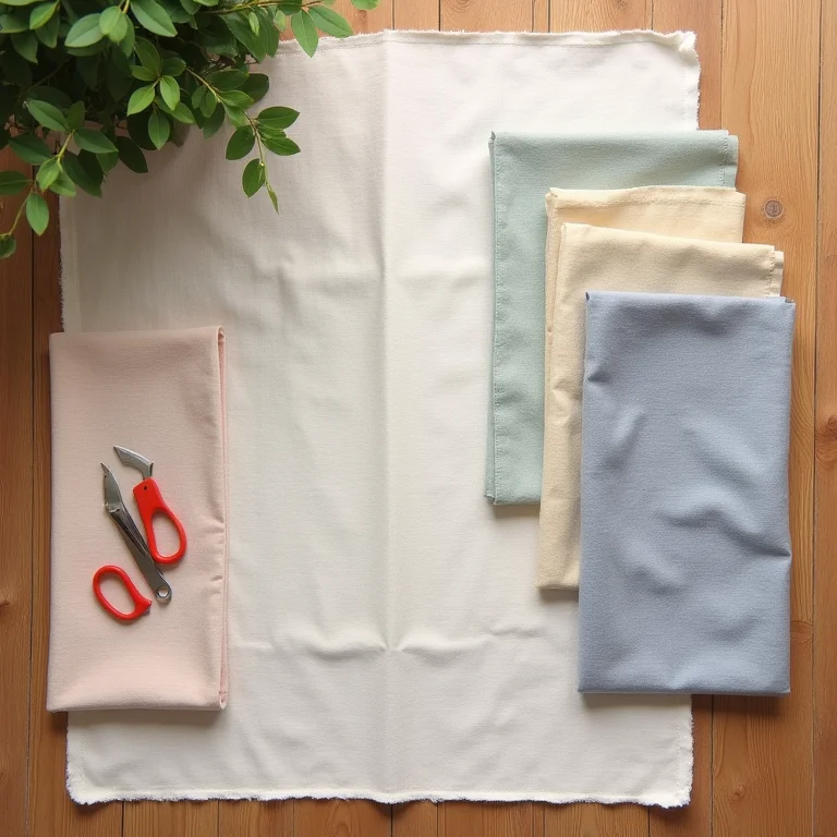 Tecidos mistos de linho em várias cores dispostos em um piso de madeira