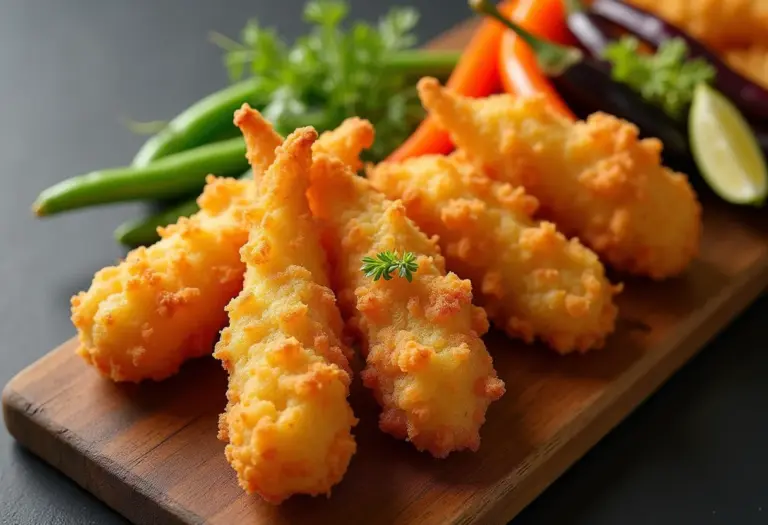 Tempurá de legumes crocante em tábua rústica